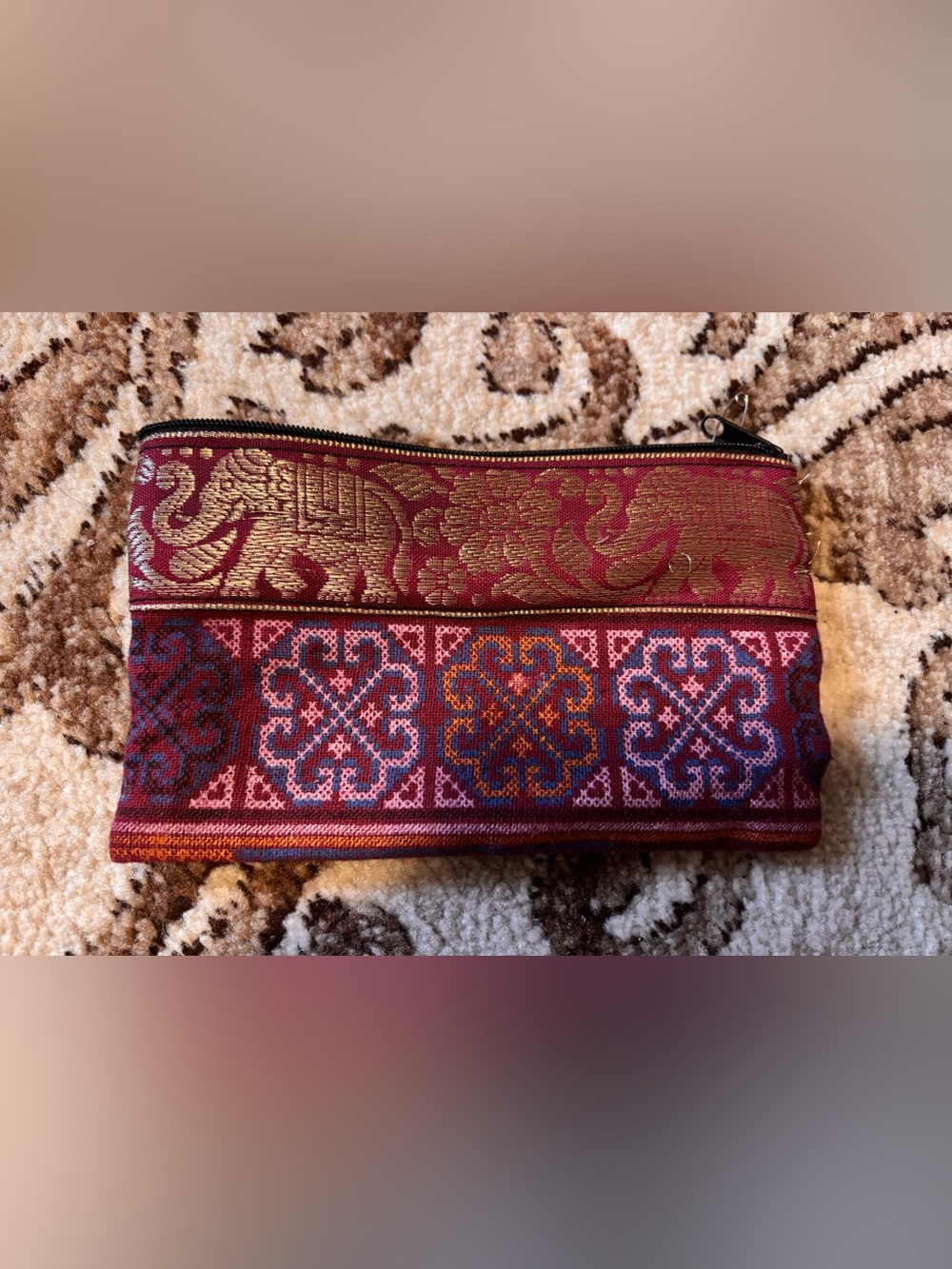 Handwoven Maroon and Gold Ethnic Zip Pouch